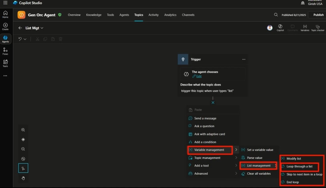 Управление списками в Microsoft Copilot Studio